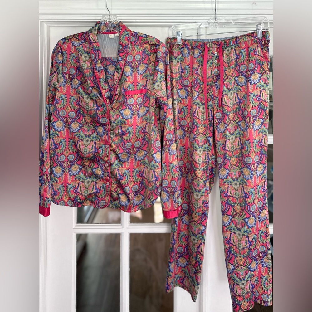 Anthropologie Pink Multi Floral Paisley Satin Pajama Set
